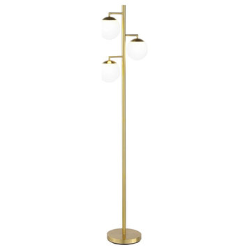 Pemberly Row 3-Light Metal & Glass Trio Tree Floor Lamp in Gold/White