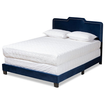 Cassy Modern Contemporary Glam Velvet Upholstered Panel Bed, Navy Blue, Queen
