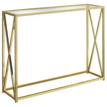 HomeRoots 12" x 42.25" x 32.25" Gold Clear Metal Tempered Glass Accent Table