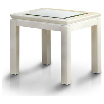 Contemporary Side Table, Lacquered Wooden Frame With Insert Glass Top, White