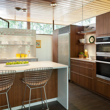 CODE Artic White Glossy Laminate and Cinnamon Walnut Matte Wood Kitchen Remodel