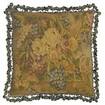 EuroLux Home - Aubusson Throw Pillow 22"x22"  Handwoven Wool Roses and Grapes - Item #:CW-407Overall measurements (inches)22H x 22W x 4D .Blooming roses and succulent grapes cover this new Aubusson throw pillow, handwoven in wool. The 22" square throw pillow is trimmed with pretty tassels and backed with zippered beige velvet. The handwoven Aubusson floral throw pillow includes a high-quality removable down and feather insert. Overall Condition is New. Material(s):Down Feather Insert,Aubusson,Velvet,Wool.Style:French Country Cottage.Dates to circaNew.
