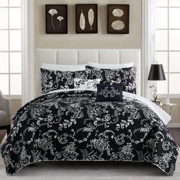 LA Boheme 5 Piece Printed Bed Spread Set, Black, Queen