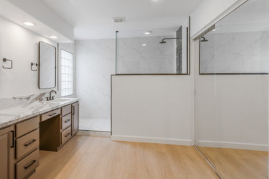 Large trendy master white tile and porcelain tile porcelain tile, brown floor and double-sink bathroom photo in Phoenix with shaker cabinets, dark wood cabinets, gray walls, an undermount sink, quartz countertops, white countertops and a built-in vanity