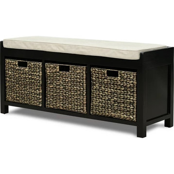 Classic Storage Bench, Reversible Cushion & 3 Baskets With Cut Out Pulls, Black