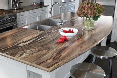 Mid-sized transitional l-shaped terra-cotta tile kitchen pantry photo in Phoenix with a drop-in sink, recessed-panel cabinets, white cabinets, laminate countertops, stainless steel appliances, an island and white backsplash