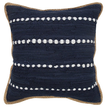 Ox Bay Handwoven Blue/White Bordered Cotton Blend Pillow Cover, 20"x20"
