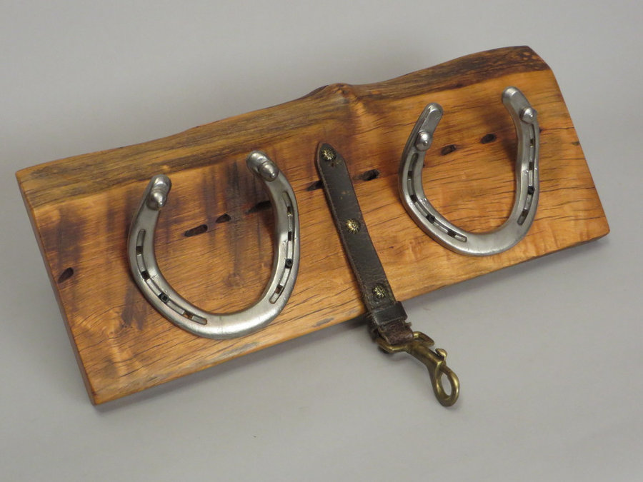 #R15062 Coat Rack Reclaimed Ambrosia Maple, horseshoes, leather.