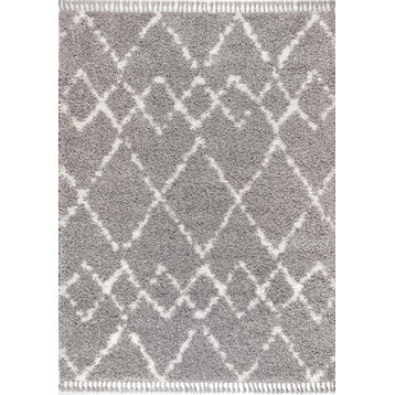 Mercer Shag Plush Tassel Moroccan Tribal Geometric Trellis Area Rug, Grey/Ivory