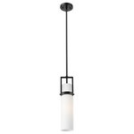Innovations Lighting - Utopia 1 Light 15" Stem Hung Pendant, Matte Black, Matte White Glass - Modern and geometric design elements give the Utopia Collection a striking presence. This gorgeous fixture features a sharply squared off frame, softened by a round glass holder that secures a cylindrical glass shade.