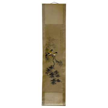 Chinese Color Ink Birds Pine Tree on Tree Scroll Painting Wall Art Hws2014