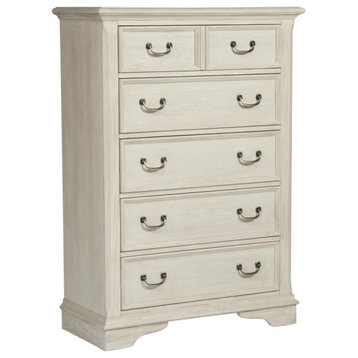 5 Drawer Chest, Antique White Finish with Heavy Wire Brush