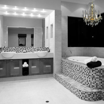 Victorian Design 6 Light Gold Crystal Chandelier over Tub in Master Bath
