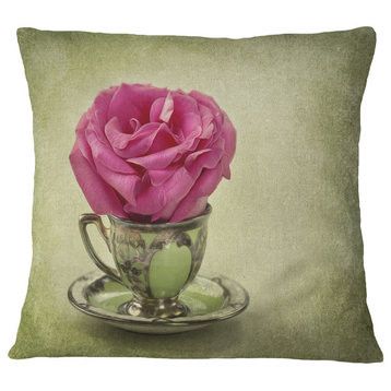 Red Rose in Cup And Saucer Floral Throw Pillow, 16"x16"