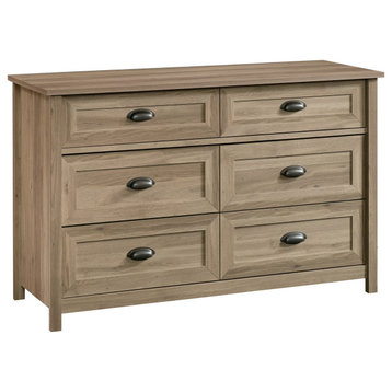 Transitional Double Dresser, Paneled Drawers With Cup Shaped Pulls, Oak