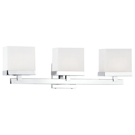 Cardiff 3-Lamp Vanity, White Opal Square Glass, Chrome, 23.375"Wx7.375"Hx5.375"E