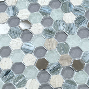 Blue Gray Glass Marble Hexagon Mosaic Tile, 12"x12"