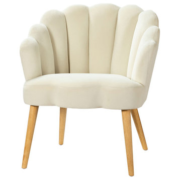 Velvet Upholstered Arm Chair With Tufted Back, Ivory