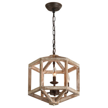3 - Light Candle Style Geometric chandelier with Wood Accents, Weathered Wood