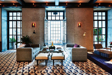 Imagen de salón contemporáneo con todas las chimeneas y marco de chimenea de baldosas y/o azulejos