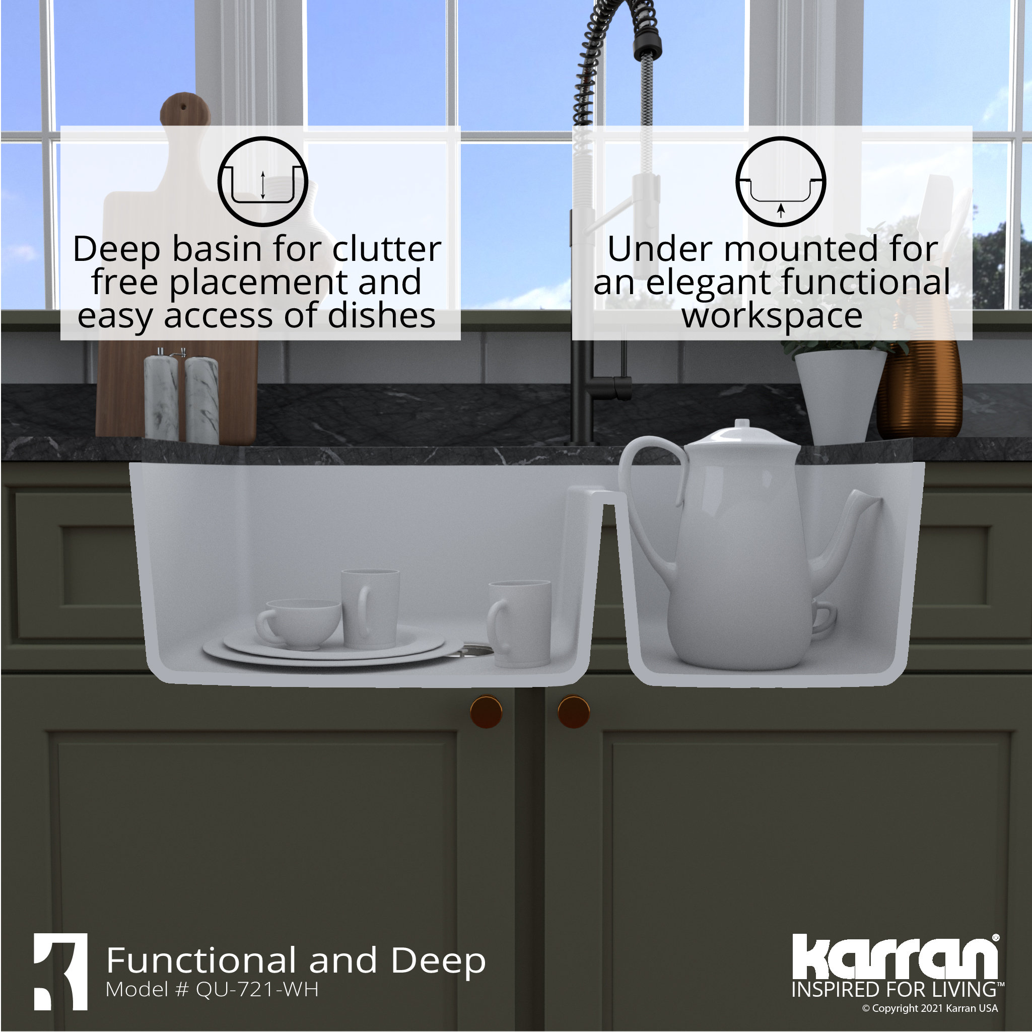 Karran Undermount Quartz 33" 60/40 Double Bowl Kitchen Sink, White