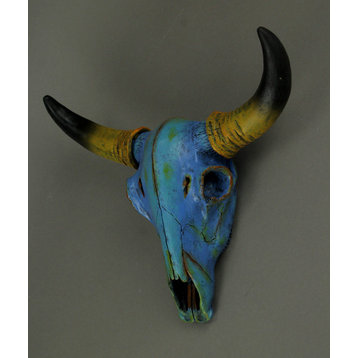 Colorful Turquoise Blue Tie Dye Steer Skull Wall Hanging