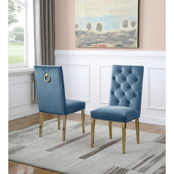 Velvet Tufted Side Chairs in Teal Blue with Gold Chrome Legs (Set of 2)