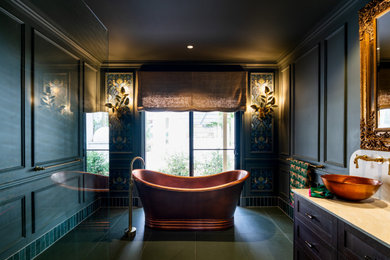 This is an example of a large eclectic master wet room bathroom in Central Coast with dark wood cabinets, a freestanding tub, a one-piece toilet, porcelain tile, grey walls, porcelain floors, a vessel sink, an open shower, beige benchtops, a double vanity, a built-in vanity, shaker cabinets, green floor and panelled walls.