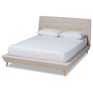 Jazlyn Beige Fabric Upholstered King Wingback Platform Bed