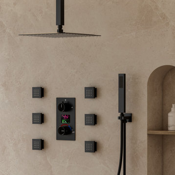 Ceiling Mount Shower Head LCD Display Complete Shower System with Rough-in Valve, Matte Black, 12"