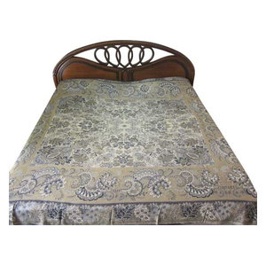 Mogul Interior - Pashmina Bedspreads Indian Bedding Blanket Khaki Reversible Throw - Throws