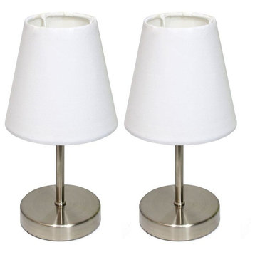 Simple Designs Sand Nickel Mini Basic Table Lamps, Fabric White Shade 2-Pack Set