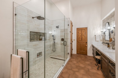 Inspiration for a large modern master multicolored tile and ceramic tile double-sink alcove shower remodel in Phoenix with shaker cabinets, dark wood cabinets, white walls, an undermount sink, quartz countertops, a hinged shower door, white countertops, a niche and a built-in vanity