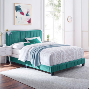 Tufted Platform Bed Frame, King Size, Velvet, Teal Blue, Modern Contemporary