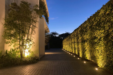 На фото: большой двор на боковом дворе в стиле модернизм с вертикальным садом и покрытием из каменной брусчатки с