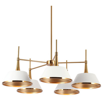 LNC 5-Light 31.5"L Polished Gold and White Shaded Modern LED Chandelier