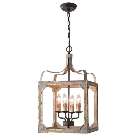 4-Light Lantern Chandelier Square Candelabra Pendant Light, Antique Gray