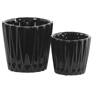 Ceramic Round Vases With Ribbed Design Body, Tapered Bottom, 2-Piece Set, Black