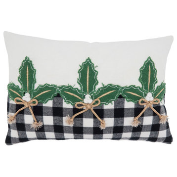 Pillow Cover With Buffalo Plaid Holly Design, 12"x18", Black/White