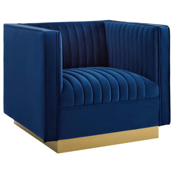 Cube Armchair, Velvet Accent Arm Chair, Gold Glam Club Chair, Lux Lounger, Blue