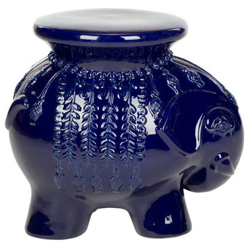 Navy Glazed Ceramic Elephant Stool