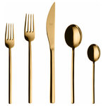 Mepra - Due Flatware Set, Gold, 5 Pcs. - The Due collection by Mepra is flatware that exudes luxury as a lifestyle. Its cool, minimal, style is inspired by influential designers like Angelo Mangiarotti and exalted through generations of tradition, technique and superb materials. They're quite practical, too. The metal undergoes a titanium-based molecular embedding process that makes for dishwasher-safe utensils that won't corrode, oxidize or stain.