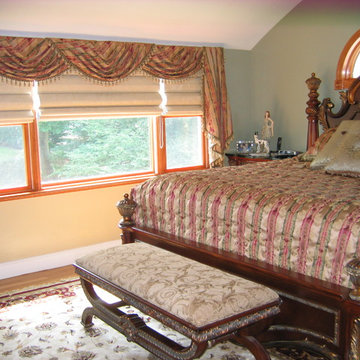 Traditional Swags with Double Cascades over Roman Shades, Custom Coverlet