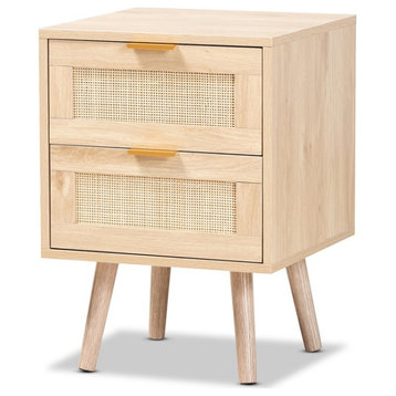 Baxton Studio Baird Light Oak Brown Wood and Rattan 2-Drawer End Table