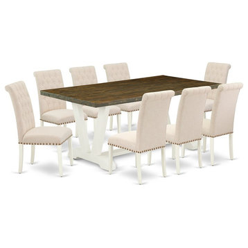 East West Furniture V-Style 9-piece Wood Dining Set in Linen White/Light Beige