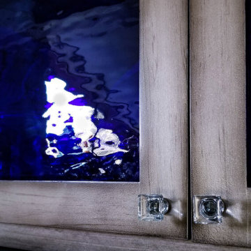 Farmhouse Interior- Weathered wood with charcoal glaze finish and cobalt g