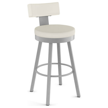 Amisco Morgan Swivel Counter and Bar Stool, Off White Faux Leather / Shiny Grey Metal, Bar Height
