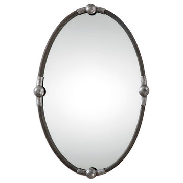 Luxe Rustic Black Iron Oval Wall Mirror, Vanity Silver Contemporary Industrial