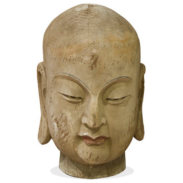 Vintage Enlightened Monk Head Chinese Wooden Sculpture