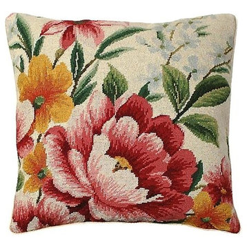 Throw Pillow TATE Needlepoint Bouquet of Flowers 18x18 Beige Poly